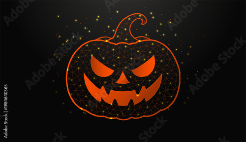 Low poly wireframe Halloween pumpkin jack o lantern on dark background.