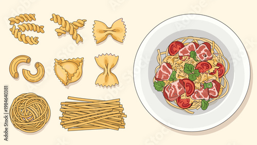 Assorted dry pasta shapes like fusilli and farfalle are shown alongside a plate of cooked spaghetti with meat and tomatoes.