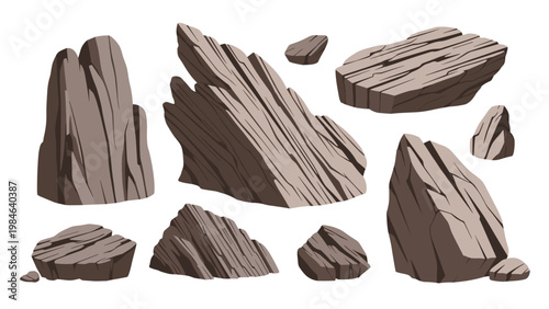 Set of nine various brown rock and cliff formations with distinct textures and shapes shown against a white background.