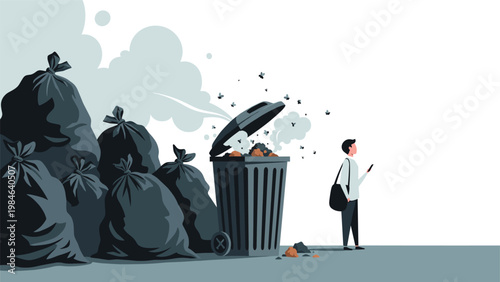 Person with a bag and phone walks past a large pile of overflowing garbage bags and a trash bin with flies swarming.