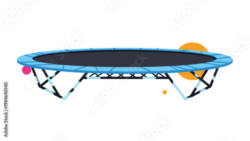 Large round blue trampoline for backyard fun features a sturdy black mat and frame with colorful floating spheres around it.