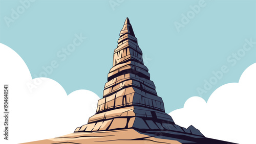 Ancient stone step pyramid stands tall against a clear blue sky with soft white clouds, showing weathered architectural details.