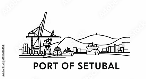 Stylized line art of a busy port with ships, cranes, and buildings
