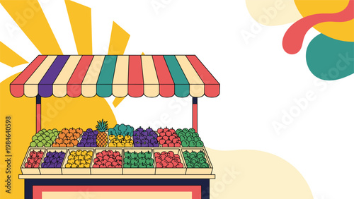 Colorful street market stall features rows of fresh fruits and vegetables under a striped awning with abstract background shapes.