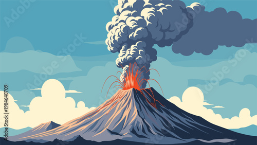 Powerful volcanic eruption sends a massive plume of dark smoke and fiery ash high into a cloudy blue sky in this dramatic nature scene.