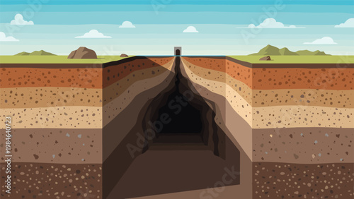 Deep underground tunnel cross section reveals multiple layers of earth and rock beneath a surface with mountains and a horizon.