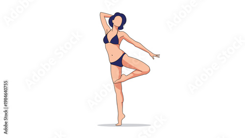 Athletic woman in a dark blue bikini performs a graceful yoga or dance pose on one leg against a white background.
