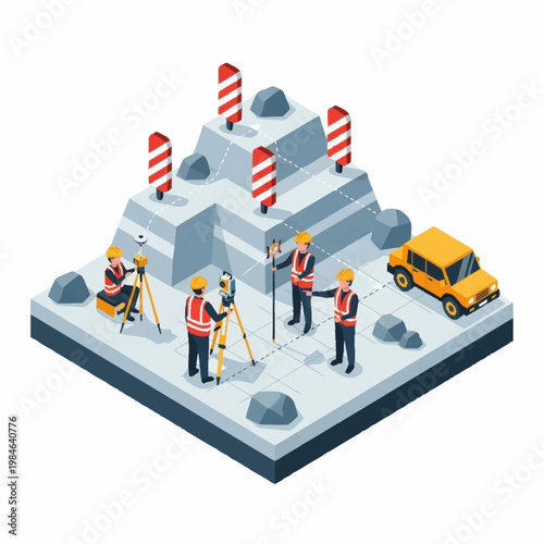 Construction workers surveying a building site with equipment.