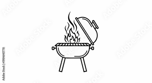 Stylized line art of a charcoal grill with flames rising from within