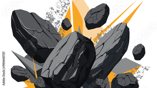 Large black rocks or pieces of coal explode outward in a dynamic burst against an abstract orange and white background.