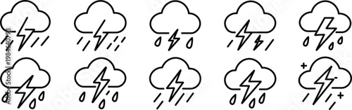 Black and white weather icons thunderstorms with rain and lightning