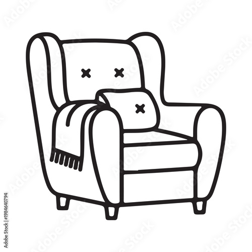 A black and white drawing of a chair with a pillow