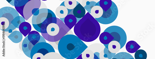 Abstract pattern features overlapping circles, varying shades blue, purple, white. Modern design evokes fluidity, movement.