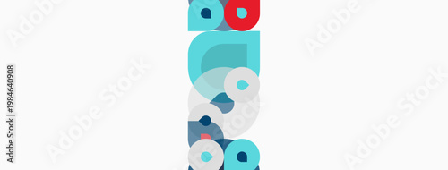 Abstract geometric composition. Circles, squares, rectangles overlap creating modern visual design. Blue, red, gray hues dominate.