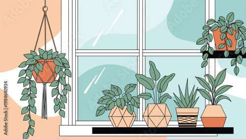 Variety of green houseplants in stylish geometric pots are arranged neatly on a wooden windowsill in front of a window.