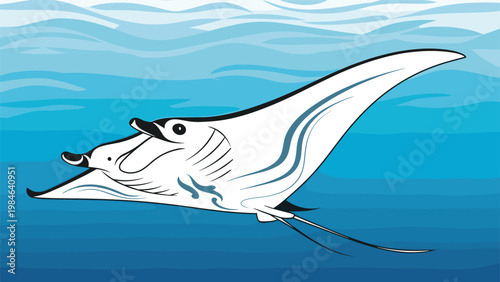 Large manta ray with blue and white markings swims gracefully through deep blue ocean water with ripples on the surface.