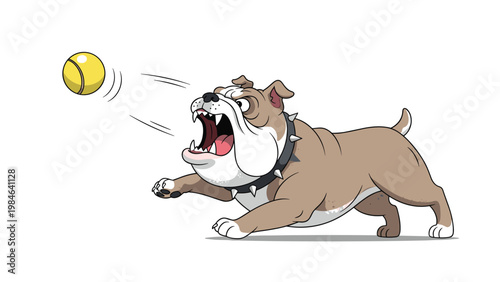 Aggressive cartoon bulldog wearing a spiked collar leaping into the air to catch a yellow tennis ball with its mouth.