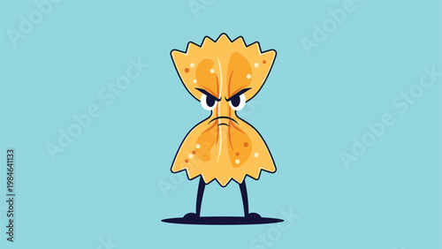 Humorous character illustration of an angry piece of bow-tie pasta with a grumpy facial expression on a blue background.