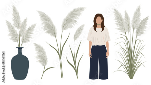 Composition of dried pampas grass in a vase and as separate stalks next to a woman in simple minimalist clothing.