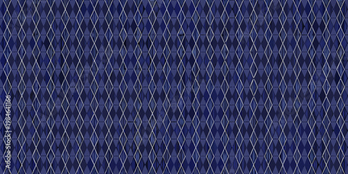 Intricate geometric pattern of dark blue and silver diamond tiles