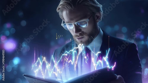 Professional man analyzes holographic financial data in ultrarealistic business tech scene corporate environment dynamic visualization