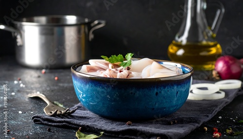 Seafood in blue bowl. Cooking prep. Pot, onion, oil, herbs, dark backdrop
