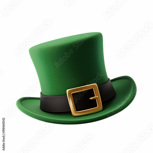 Realistic green leprechaun hat with buckle isolated on transparent background