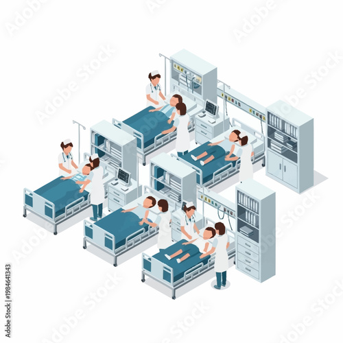 Hospital Intensive Care Unit With Medical Staff Caring For Patients.