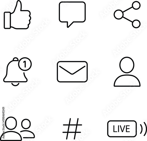 Social media icons set likes comments shares notifications and more