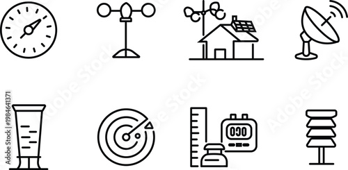 Weather monitoring instruments collection line art icons for atmospheric data gathering
