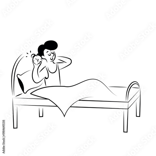 Minimalist hand-drawn illustration of a man waking up in bed with an alarm clock. Simple black and white sketch showing morning routine, yawning, stretching, and early start for a productive day