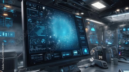 Futuristic high-tech workstation featuring glowing starfield data visualization sci-fi environment interior scene cinematic viewpoint
