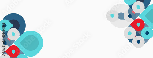 Abstract geometric shapes, circles, squares, overlapping forms. Light blue, gray, red colors dominate white background. Minimalist design.