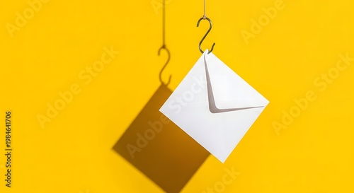 A white envelope suspended by a metal hook against a bright yellow background