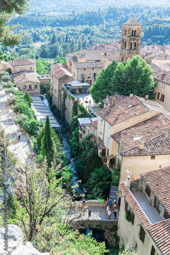 Rooftop view of Moustiers Sainte Marie village and valley landscape in summer France