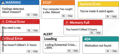 Funny computer error messages, parody pop-up alerts, humorous system warnings, quirky digital jokes, relatable tech humor, playful existential crisis, flat vector illustration