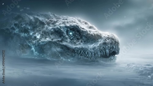 Epic frozen prehistoric creature head emerging from icy terrain cinematic scene with frost and crystalline glow