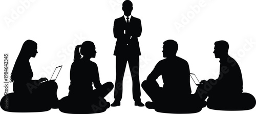 Vector silhouette of a professional leader standing over a group of employees sitting on bean bags using laptops in a modern creative office