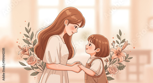 A tender moment between a loving mother and her child, sharing an affectionate glance, beautifully illustrated with soft floral accents, symbolizing maternal bond and family warmth and connection