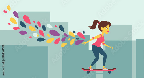 Woman riding skateboard with colorful flowers.
