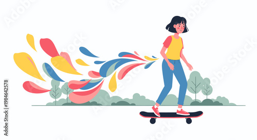 Woman riding skateboard with colorful motion trail.