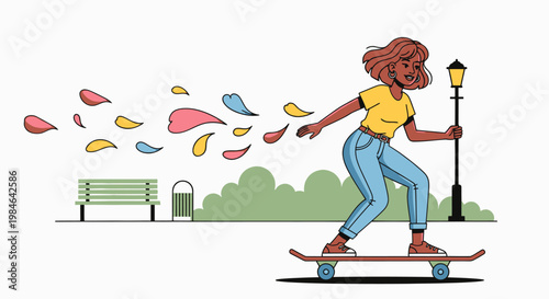 A woman skateboarding in a park.