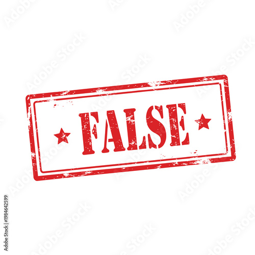 Vintage red false rubber stamp vector, distressed grunge false text icon, weathered rectangular ink seal for fact checking and misinformation