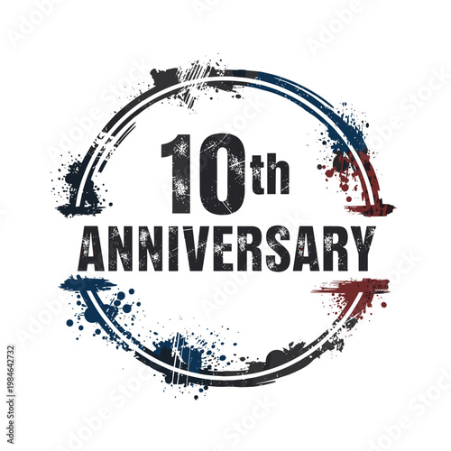 Grunge 10th anniversary logo vector, distressed tenth anniversary emblem with paint splatters, vintage style 10 year celebration stamp for corporate events