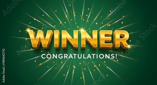 A golden winner text graphic with celebratory sparkles on a dark green background