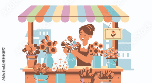 Woman selling flowers at outdoor market.