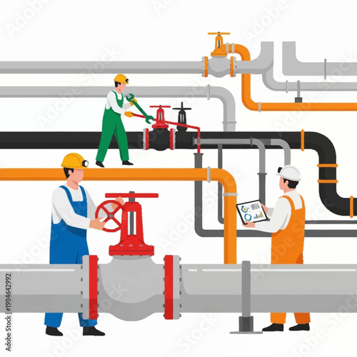 Industrial workers maintaining complex piping system with valves and gauges.