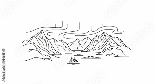 Stylized line art of a majestic mountain range over a tranquil bay with northern lights above