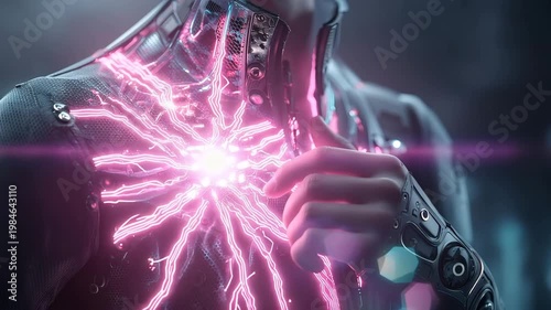 Futuristic cybernetic human torso activation dark sci-fi environment close-up digital artwork biomechanical concept neon glow
