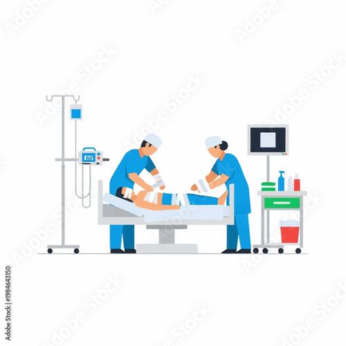 Medical professionals caring for patient in hospital bed with equipment.